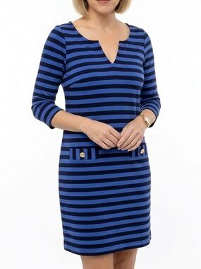 Lilly Pulitzer Charlene Striped Shift Dress Navy Blue Gold Button Nautical M
